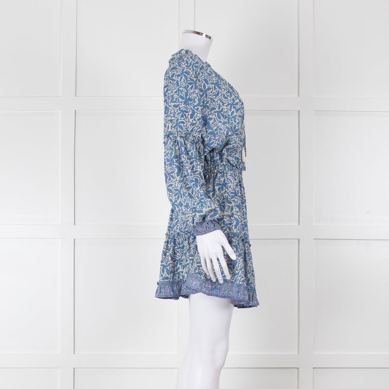 Natalie Martin Cream Blue Floral Long Sleeve Mini Silk Dress