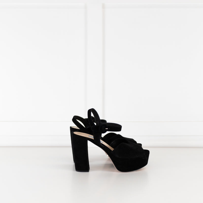 Prada Block Heel Black Suede Platform Heels
