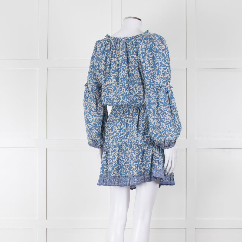Natalie Martin Cream Blue Floral Long Sleeve Mini Silk Dress