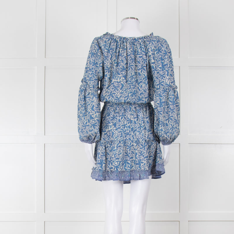 Natalie Martin Cream Blue Floral Long Sleeve Mini Silk Dress