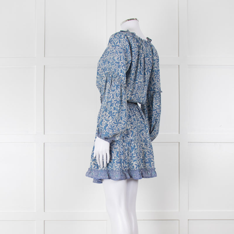 Natalie Martin Cream Blue Floral Long Sleeve Mini Silk Dress