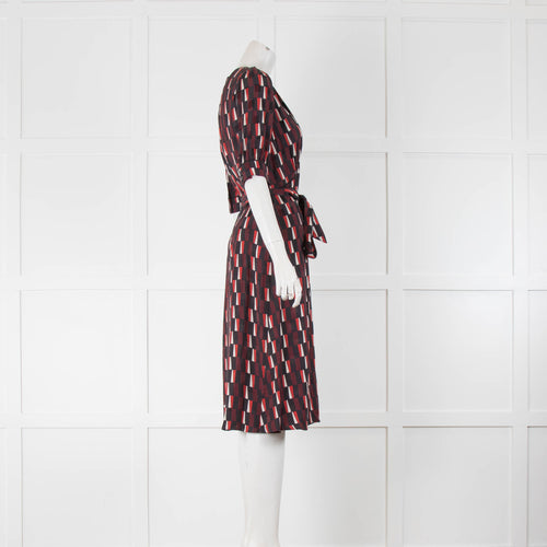 Ceffin Black Burgundy Red Geometric Print Short Sleeve Dress