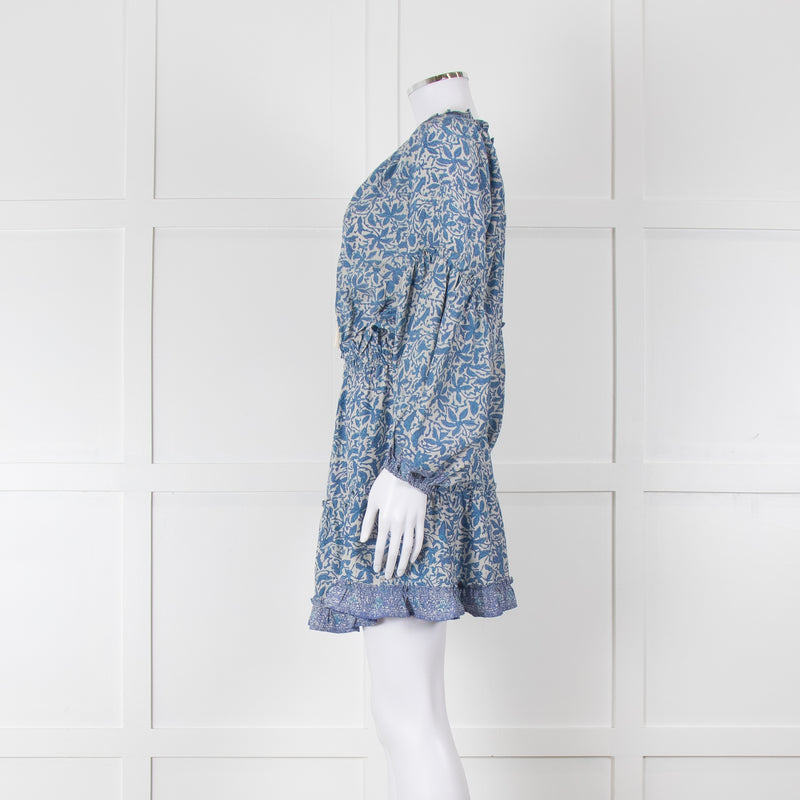 Natalie Martin Cream Blue Floral Long Sleeve Mini Silk Dress
