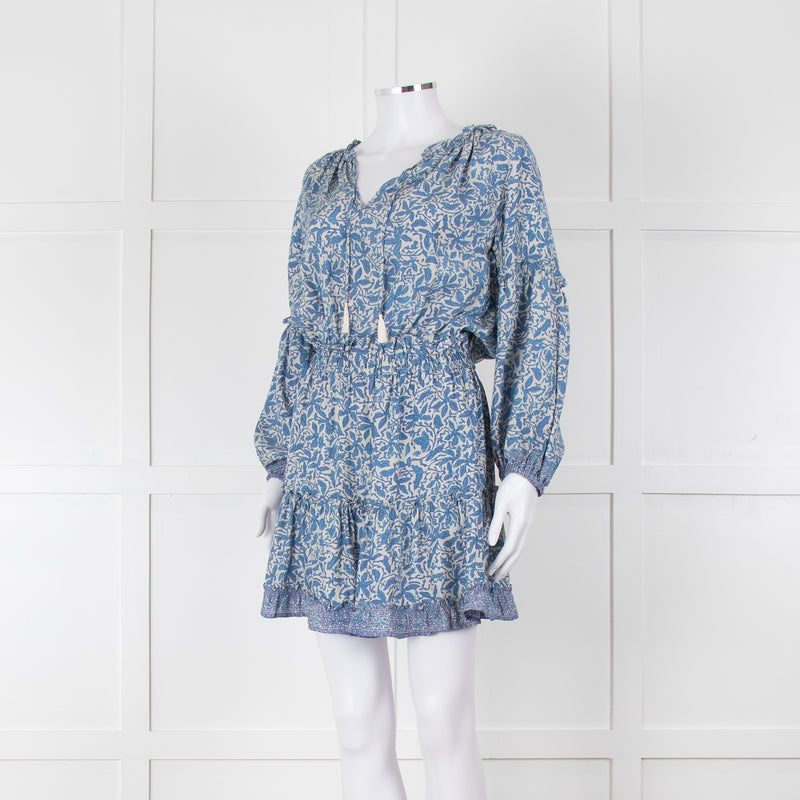 Natalie Martin Cream Blue Floral Long Sleeve Mini Silk Dress