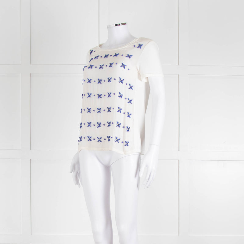 Weekend Max Mara White T-Shirt with Blue Beaded Front