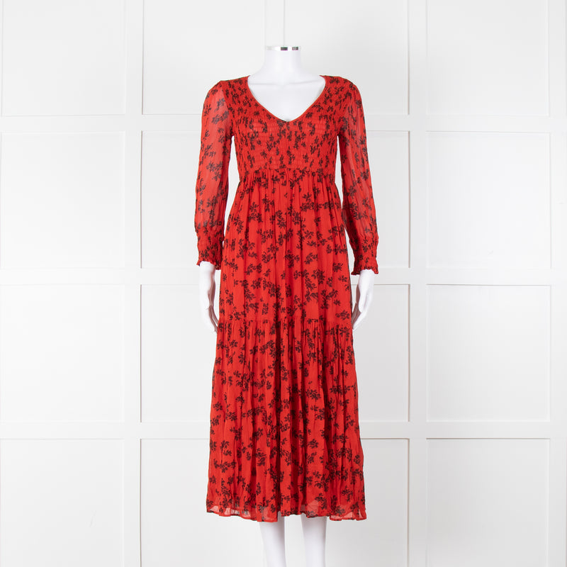 Ghost Red Black Floral V-Neck Tiered Dress