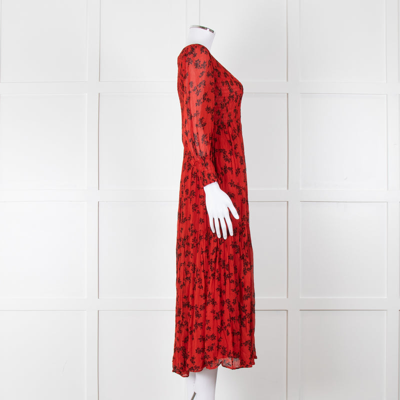 Ghost Red Black Floral V-Neck Tiered Dress