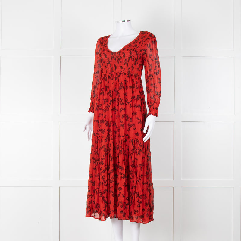 Ghost Red Black Floral V-Neck Tiered Dress