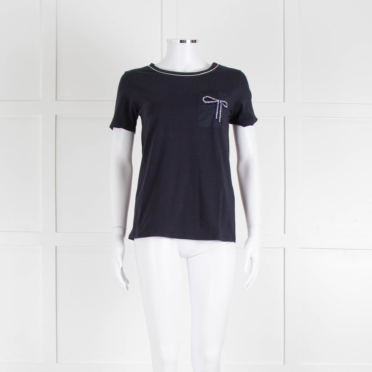 Weekend Max Mara Navy T-Shirt with Jeweled Bow Patch Pocket