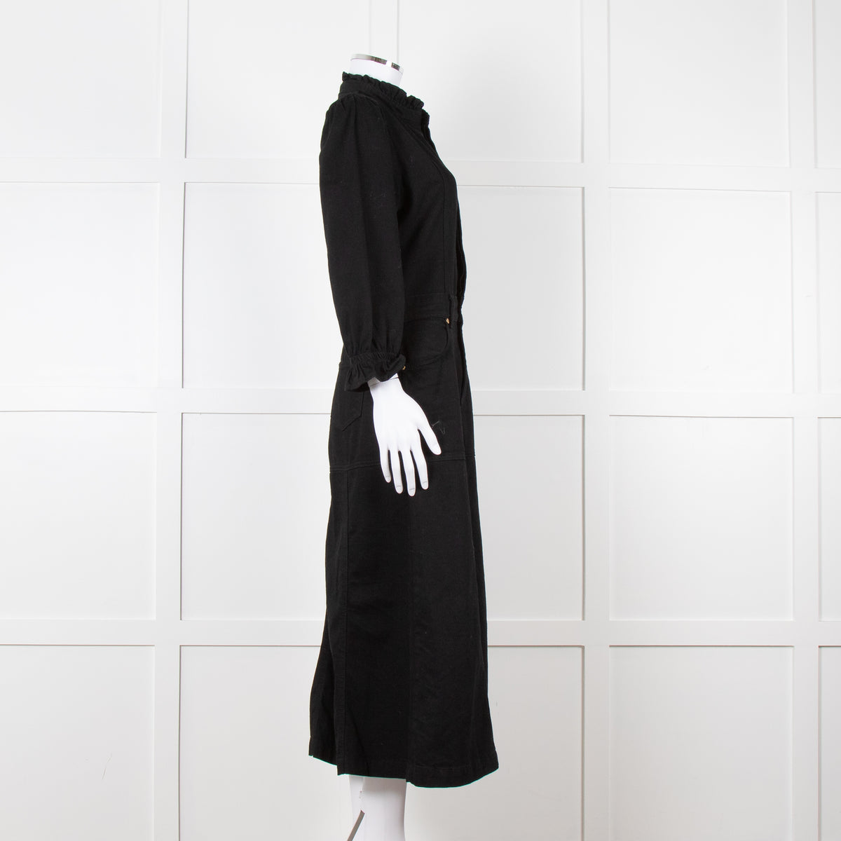 Donna Ida X Fran Bacon Black Frill Collar Denim Midi Dress