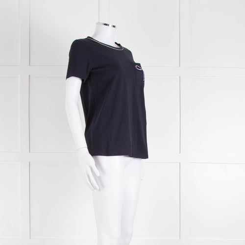 Weekend Max Mara Navy T-Shirt with Jeweled Bow Patch Pocket