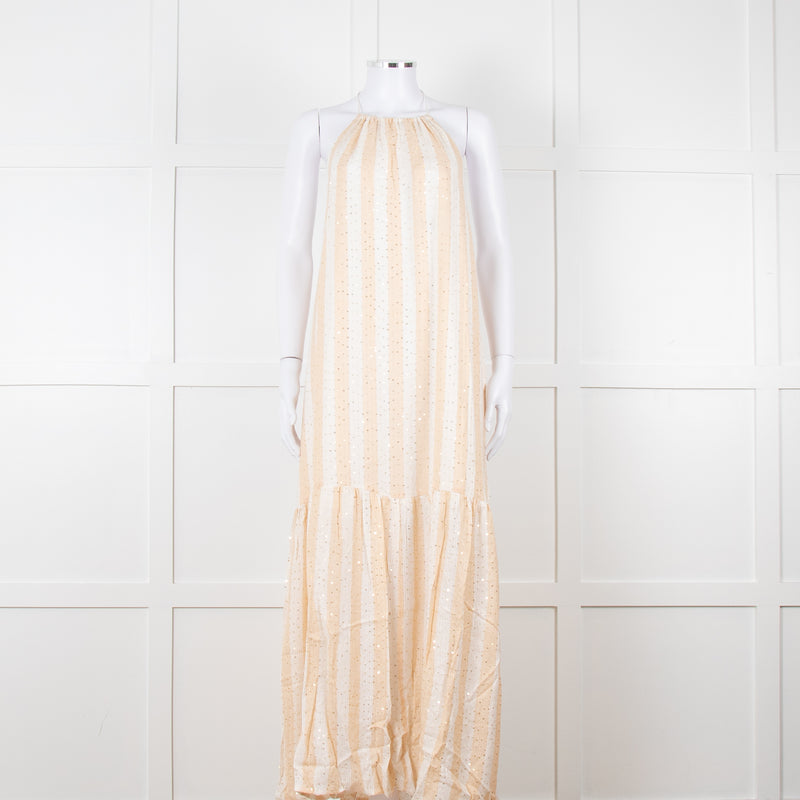 Sundress White and Beige Striped Dress with Sequin Detail