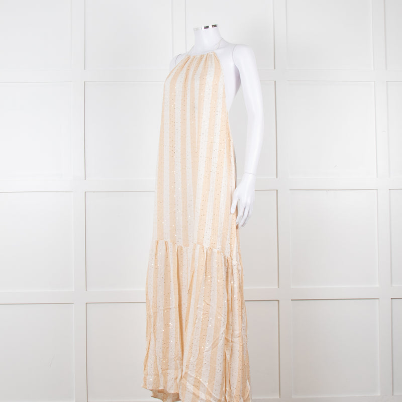 Sundress White and Beige Striped Dress with Sequin Detail