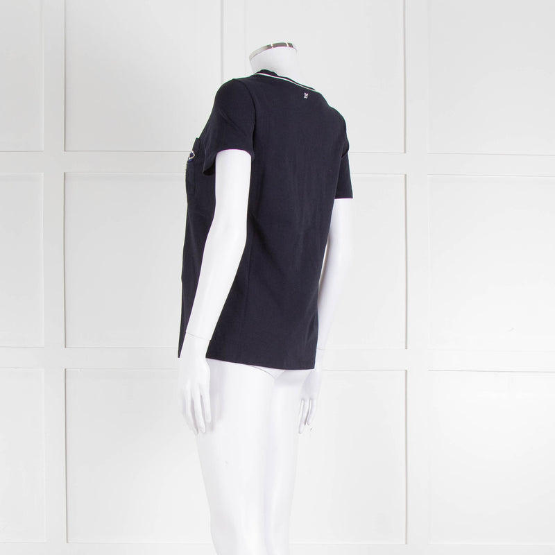 Weekend Max Mara Navy T-Shirt with Jeweled Bow Patch Pocket