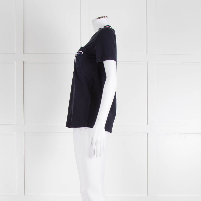 Weekend Max Mara Navy T-Shirt with Jeweled Bow Patch Pocket