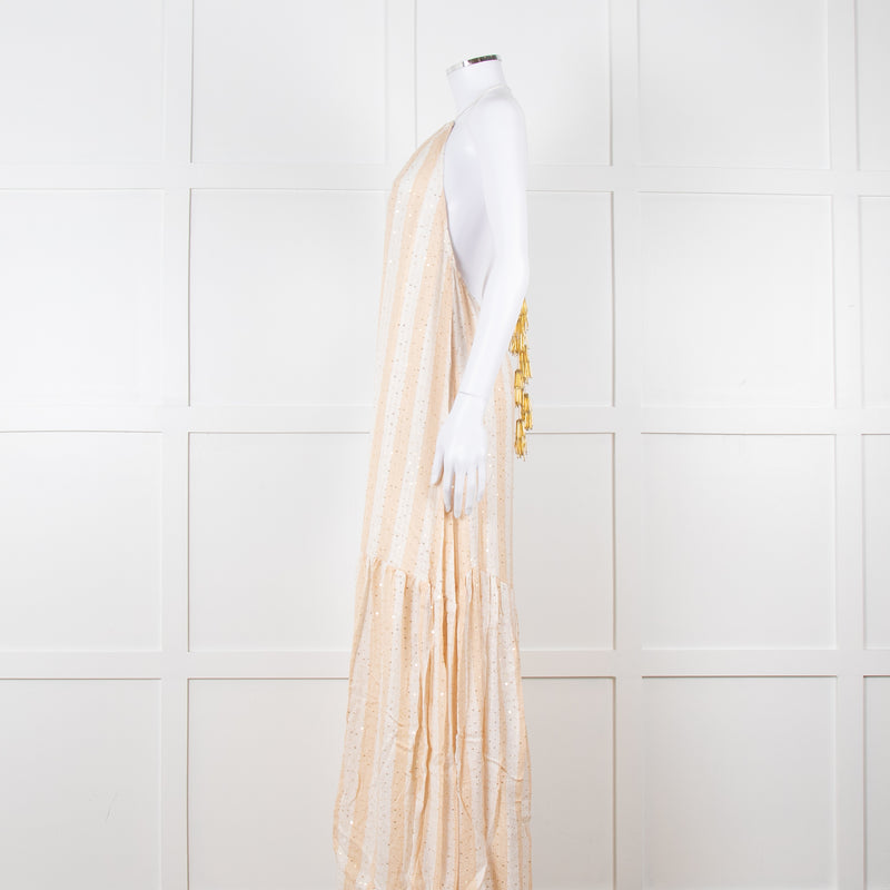 Sundress White and Beige Striped Dress with Sequin Detail