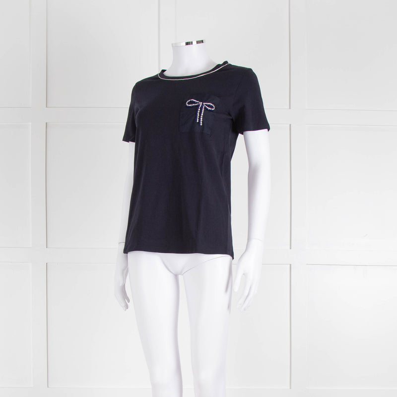 Weekend Max Mara Navy T-Shirt with Jeweled Bow Patch Pocket