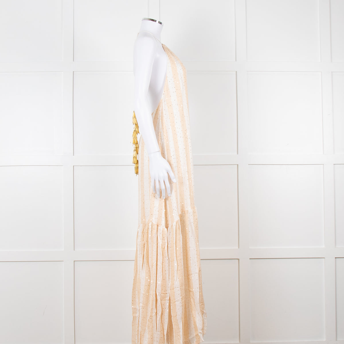 Sundress White and Beige Striped Dress with Sequin Detail