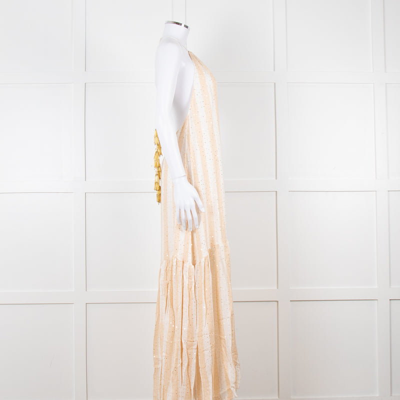 Sundress White and Beige Striped Dress with Sequin Detail