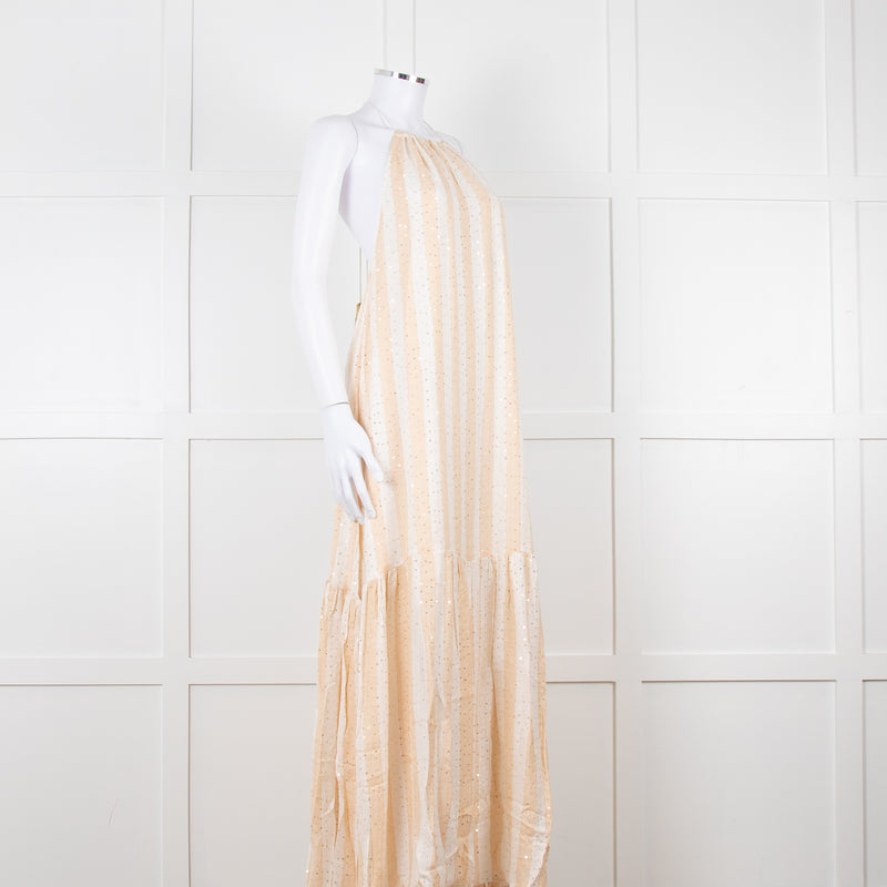 Sundress White and Beige Striped Dress with Sequin Detail