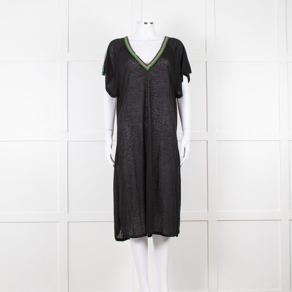 Pitusa Black Cotton Dress With Embroidered Neckline
