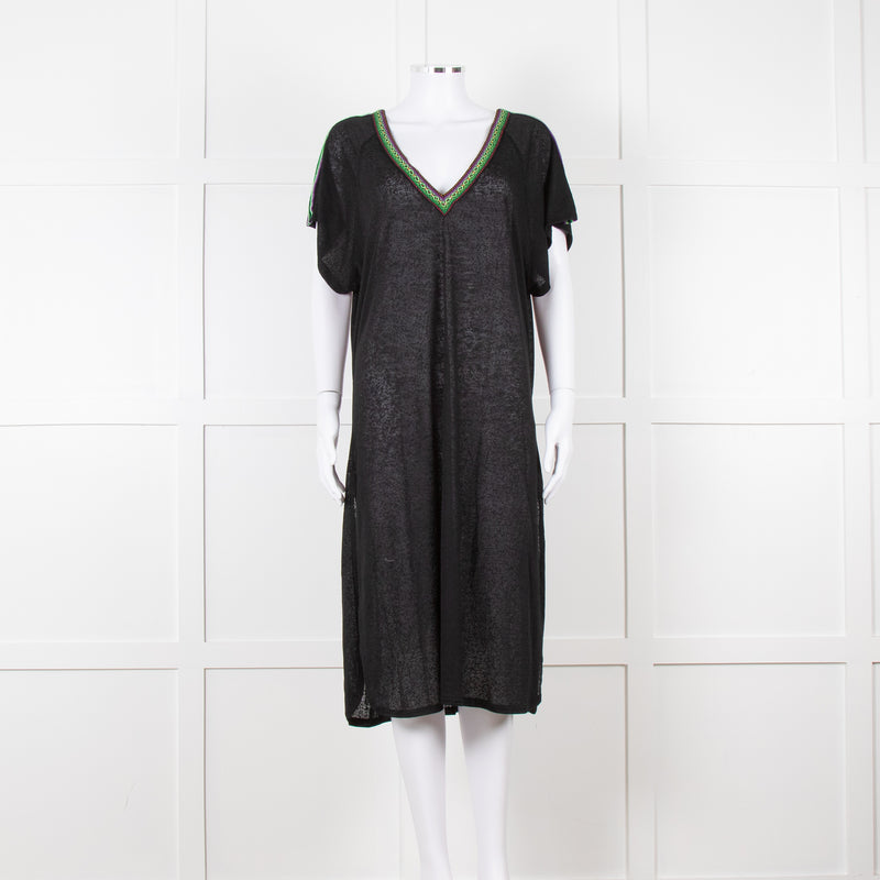 Pitusa Black Cotton Dress With Embroidered Neckline