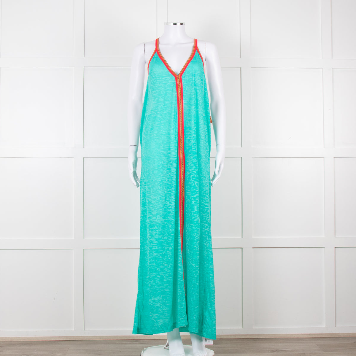Pitusa Green Maxi Dress With Multicoloured Embroidery Edging