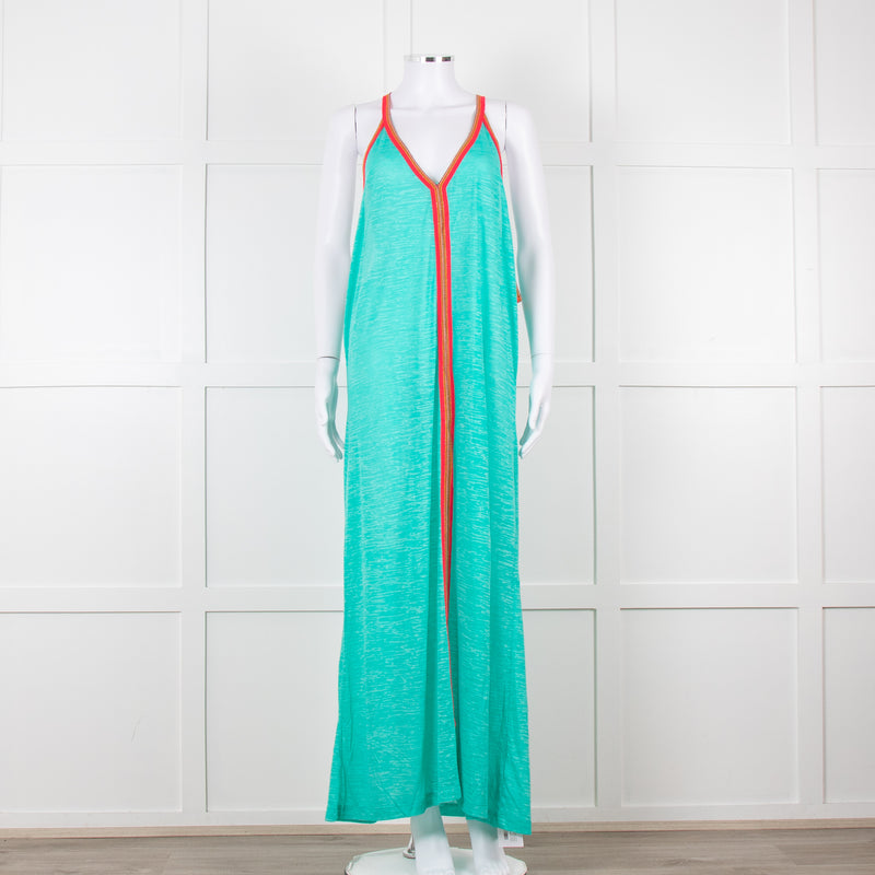 Pitusa Green Maxi Dress With Multicoloured Embroidery Edging