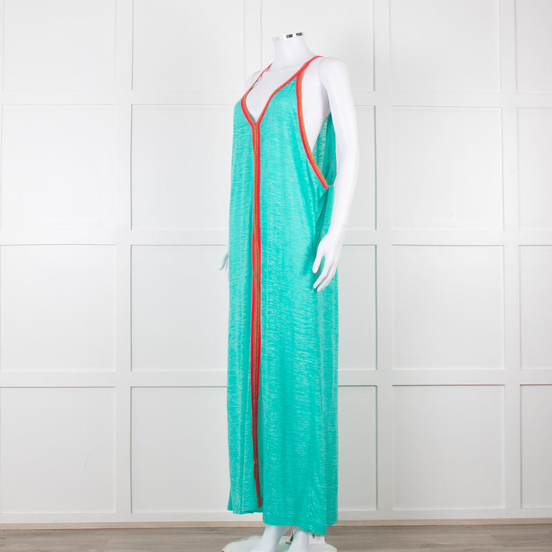 Pitusa Green Maxi Dress With Multicoloured Embroidery Edging