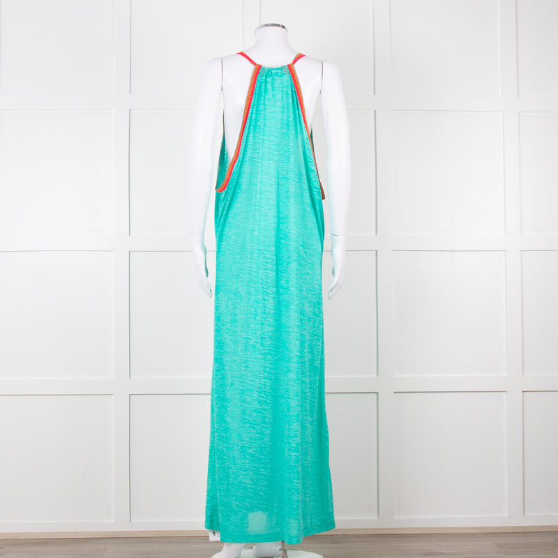 Pitusa Green Maxi Dress With Multicoloured Embroidery Edging