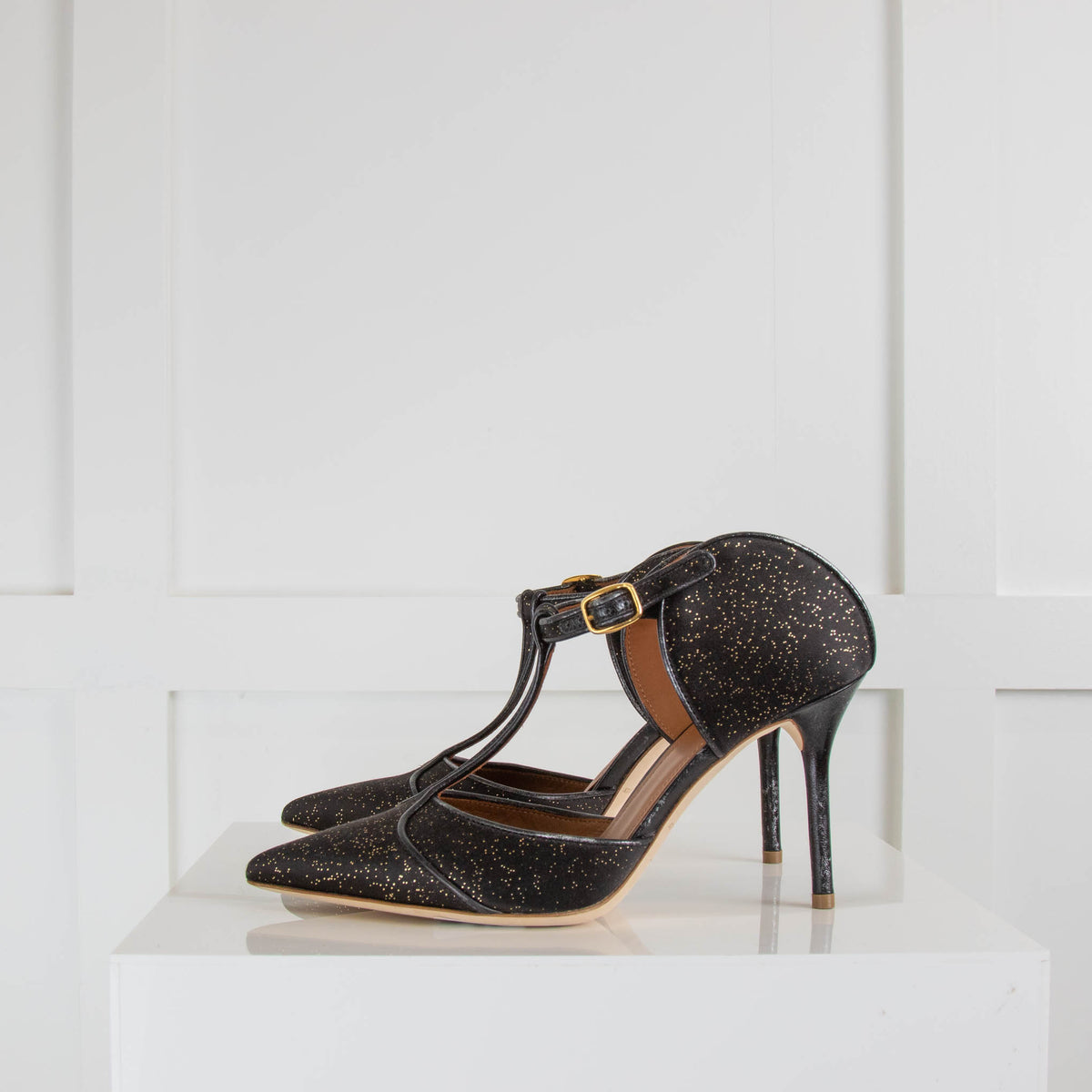 Malone Souliers Black Gold Fleck Pointy Satin Heeled Mules