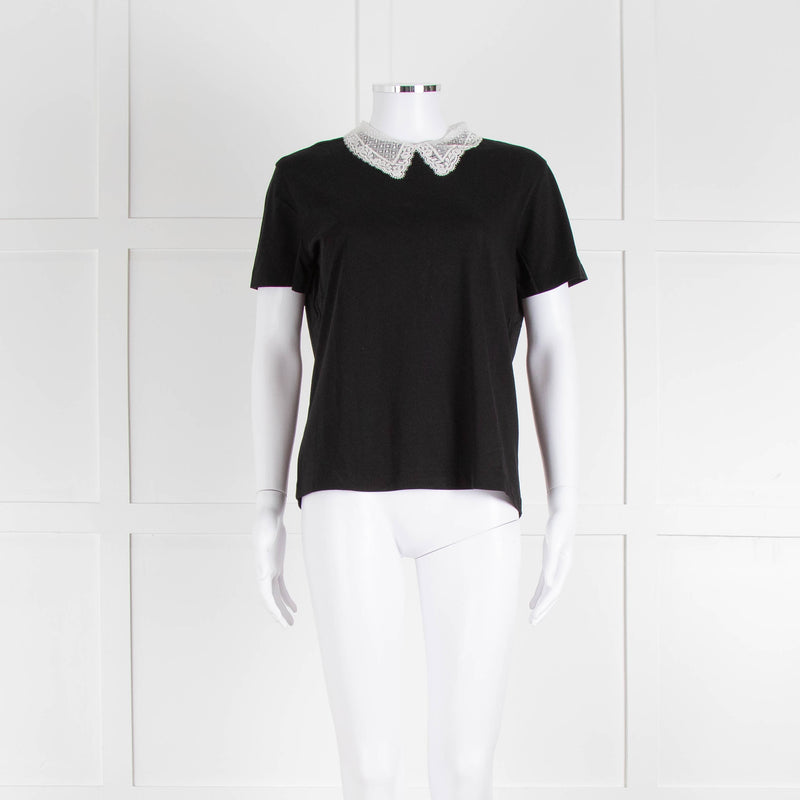 Sandro Black T-Shirt with Cream Lace Collar