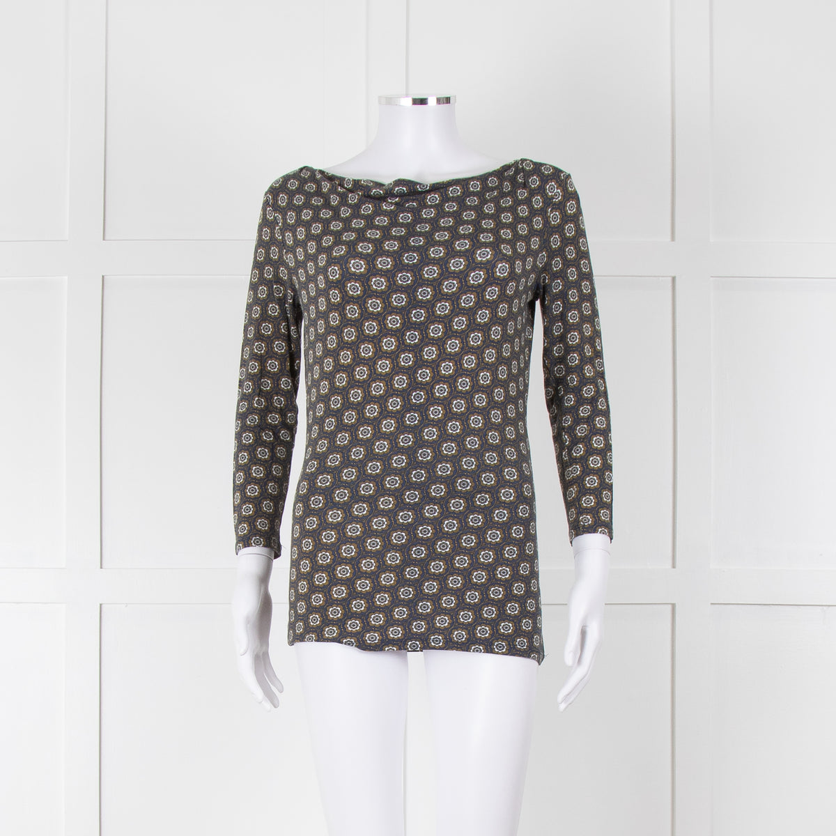 Weekend Max Mara Blue Khaki Flower Boat Neck Top