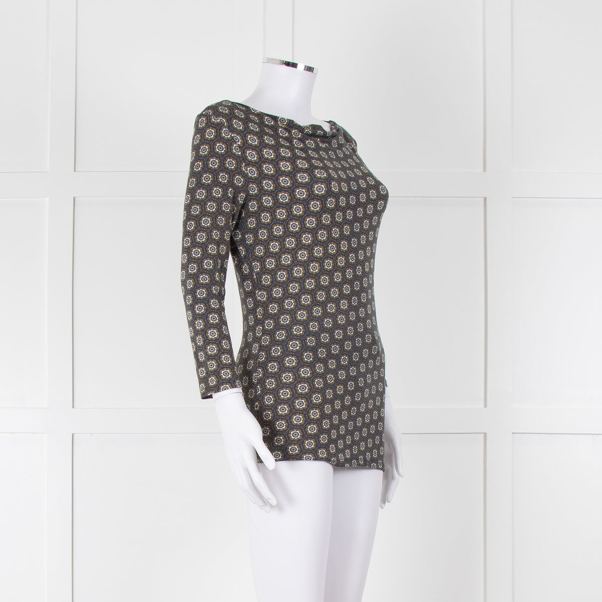 Weekend Max Mara Blue Khaki Flower Boat Neck Top