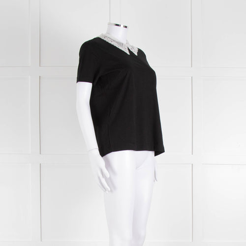 Sandro Black T-Shirt with Cream Lace Collar