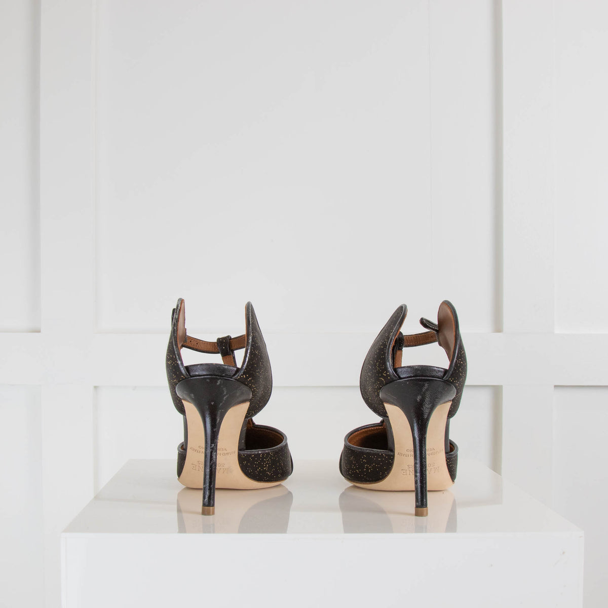 Malone Souliers Black Gold Fleck Pointy Satin Heeled Mules