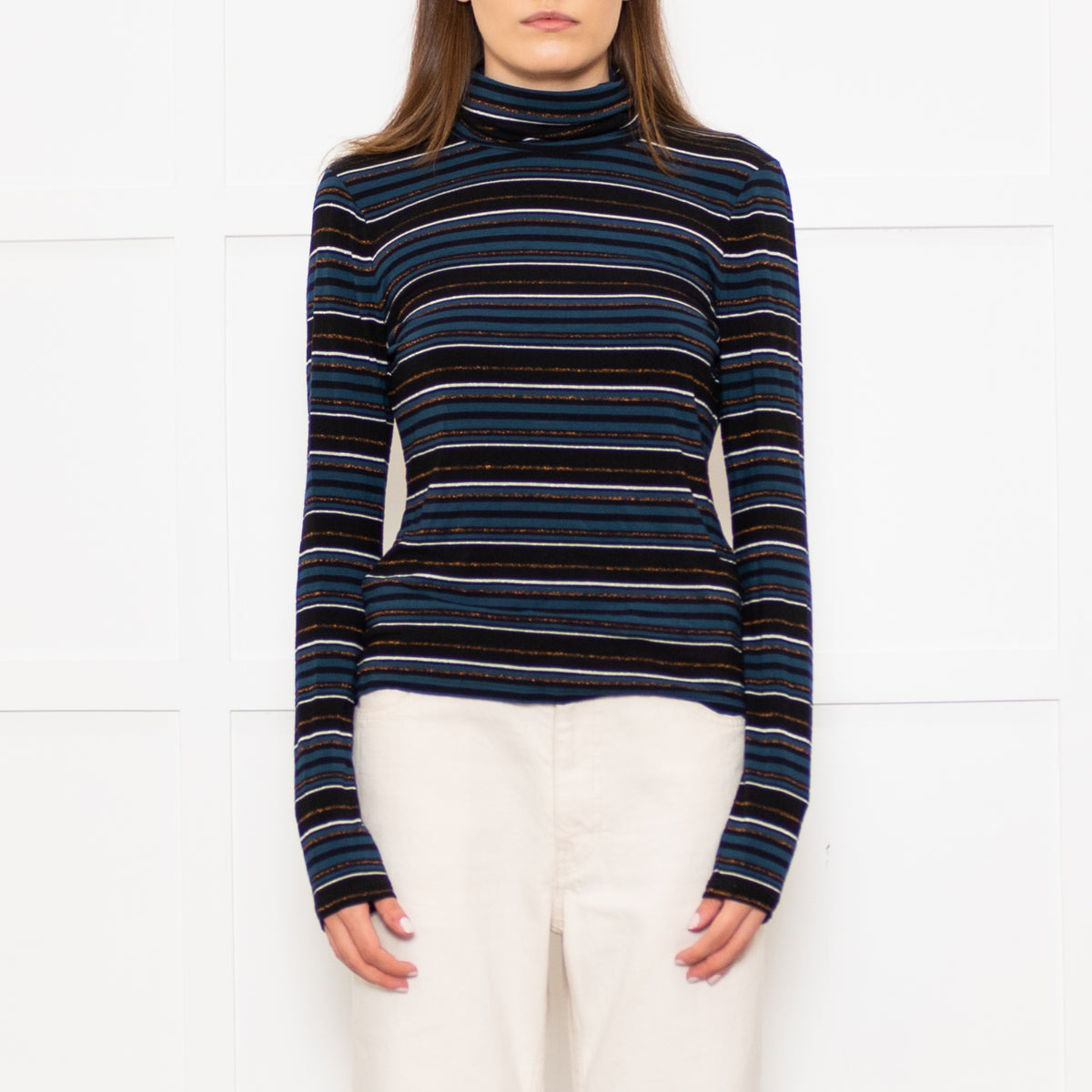 Veronica Beard Jeans Teal Black Striped Rollneck