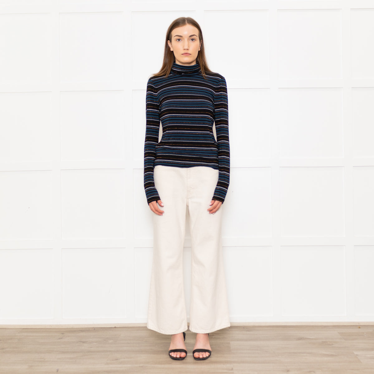 Veronica Beard Jeans Teal Black Striped Rollneck