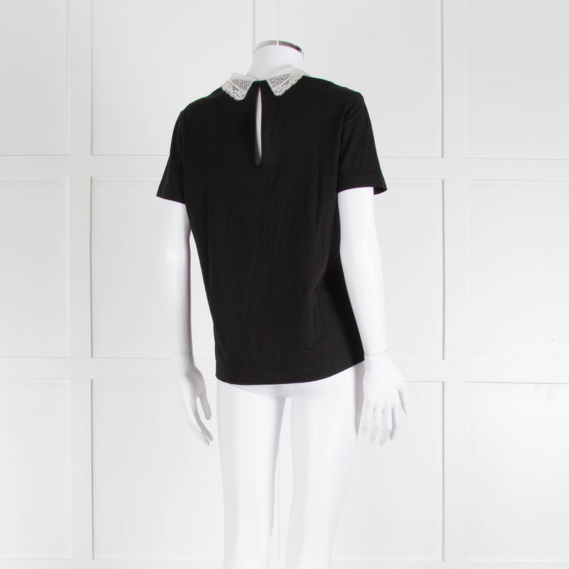 Sandro Black T-Shirt with Cream Lace Collar