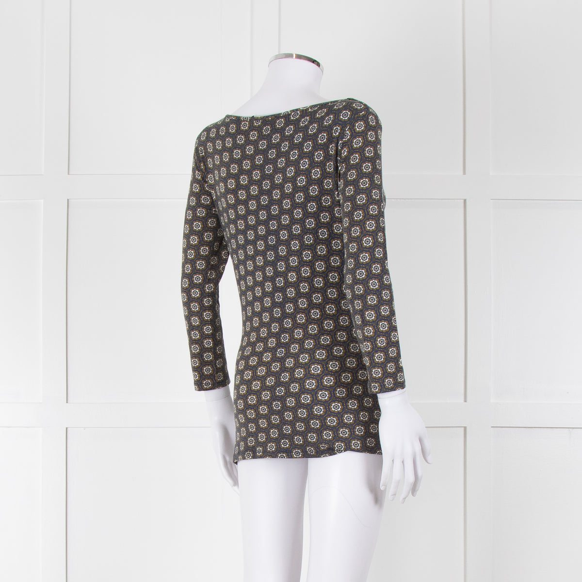 Weekend Max Mara Blue Khaki Flower Boat Neck Top