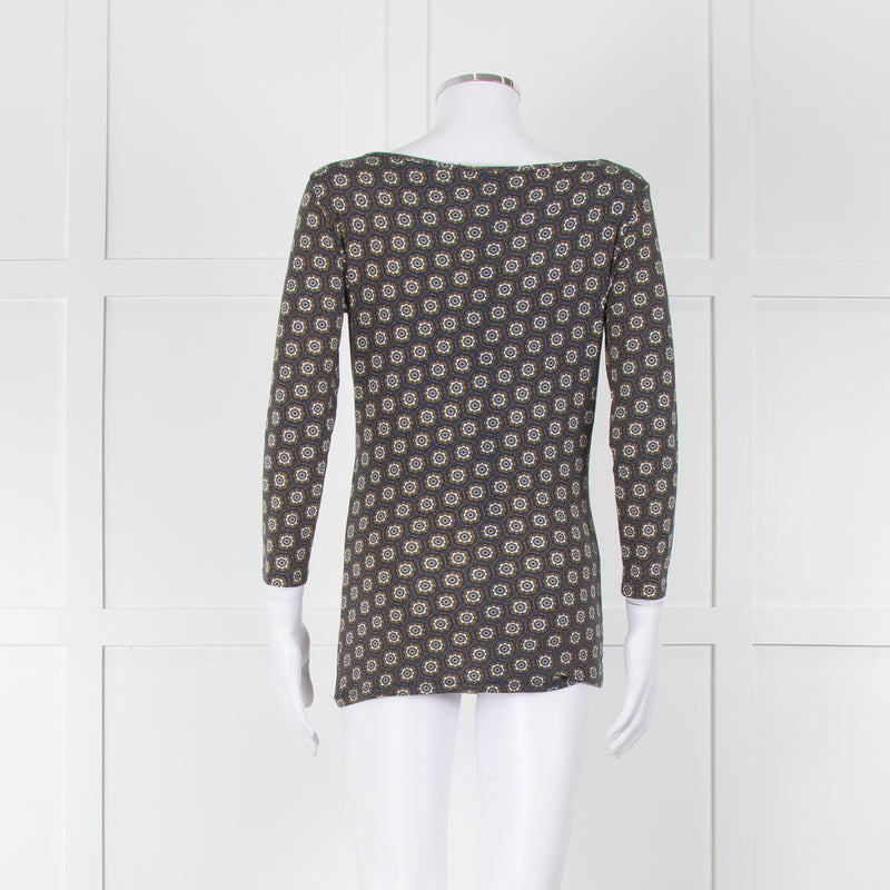 Weekend Max Mara Blue Khaki Flower Boat Neck Top