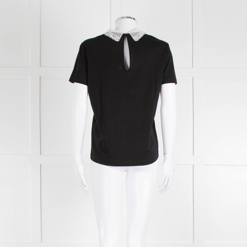 Sandro Black T-Shirt with Cream Lace Collar