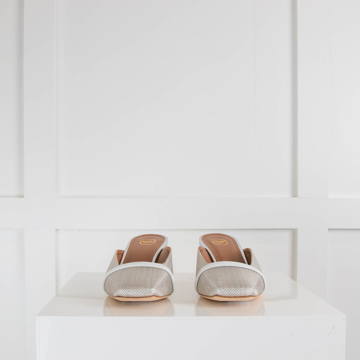 Malone Souliers Silver Fabric Block Heel Mules