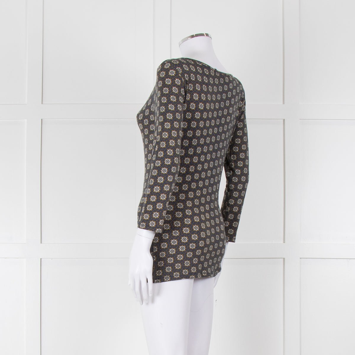 Weekend Max Mara Blue Khaki Flower Boat Neck Top