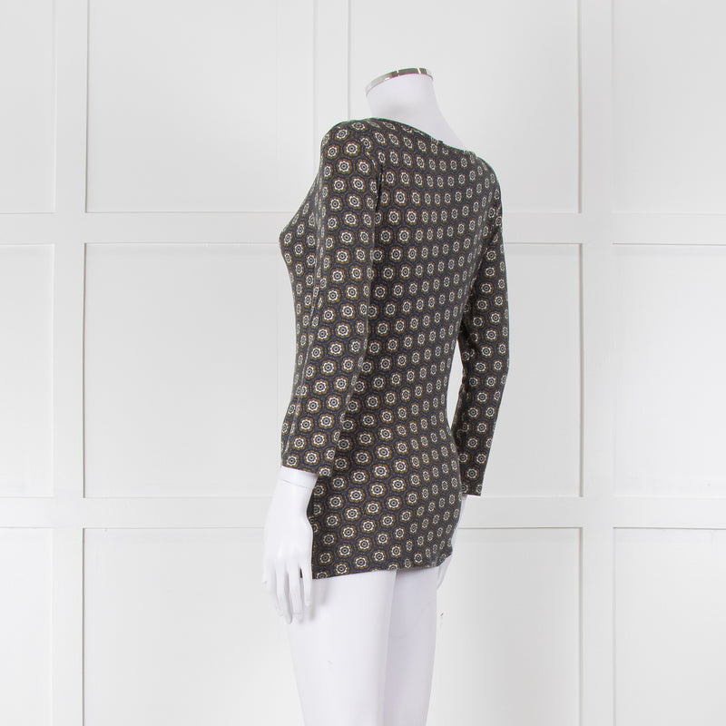 Weekend Max Mara Blue Khaki Flower Boat Neck Top