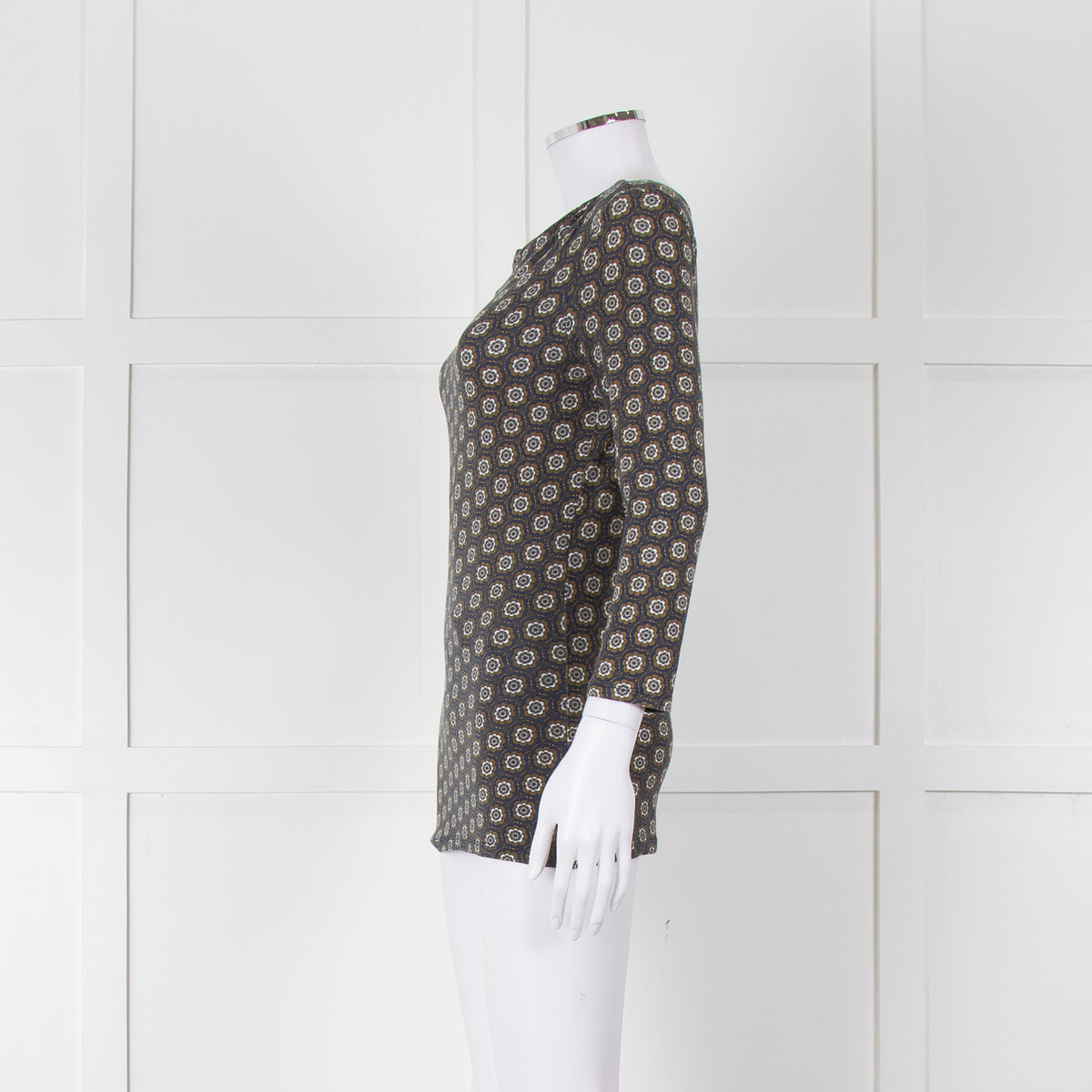 Weekend Max Mara Blue Khaki Flower Boat Neck Top