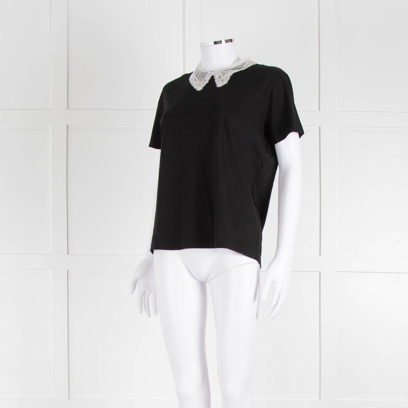Sandro Black T-Shirt with Cream Lace Collar