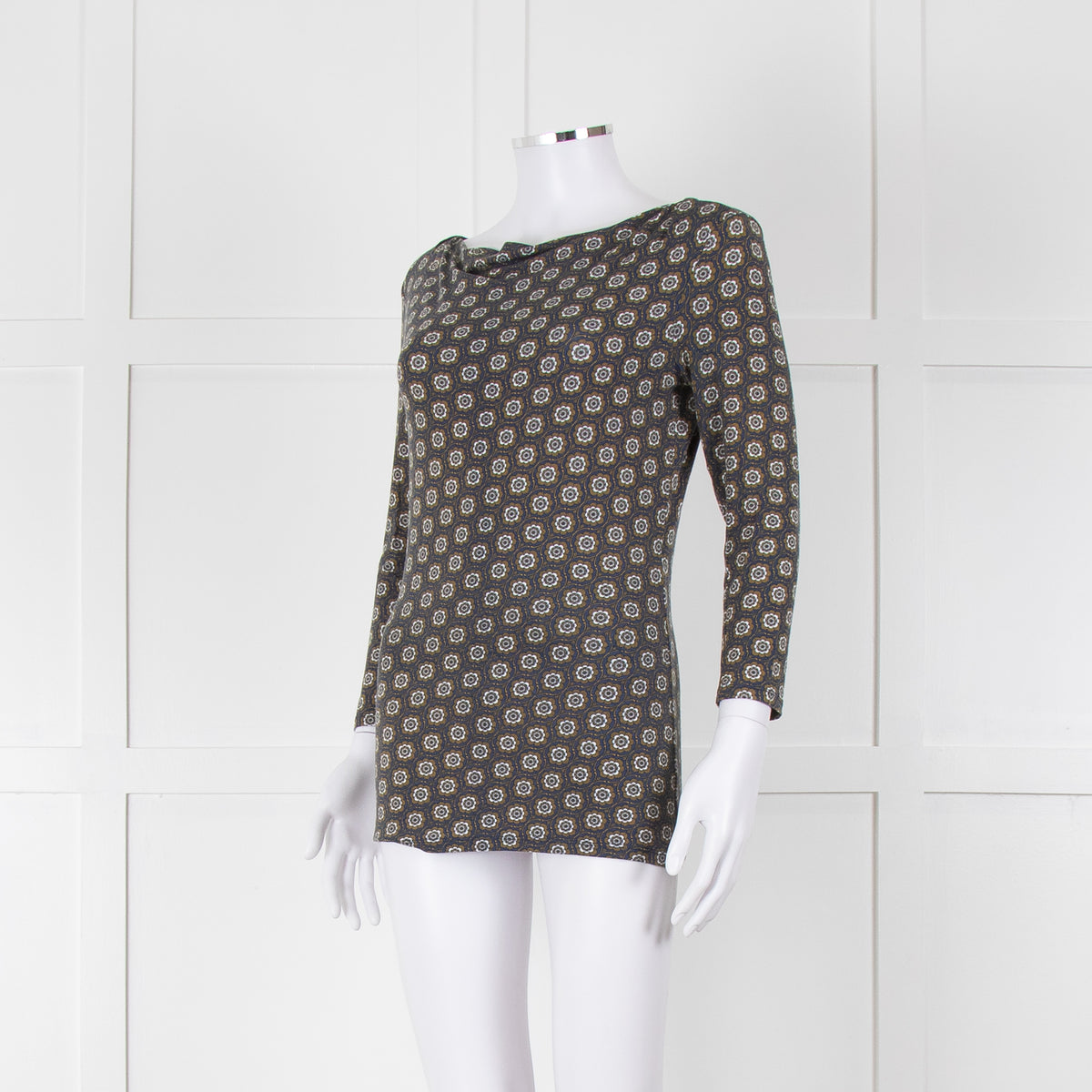 Weekend Max Mara Blue Khaki Flower Boat Neck Top