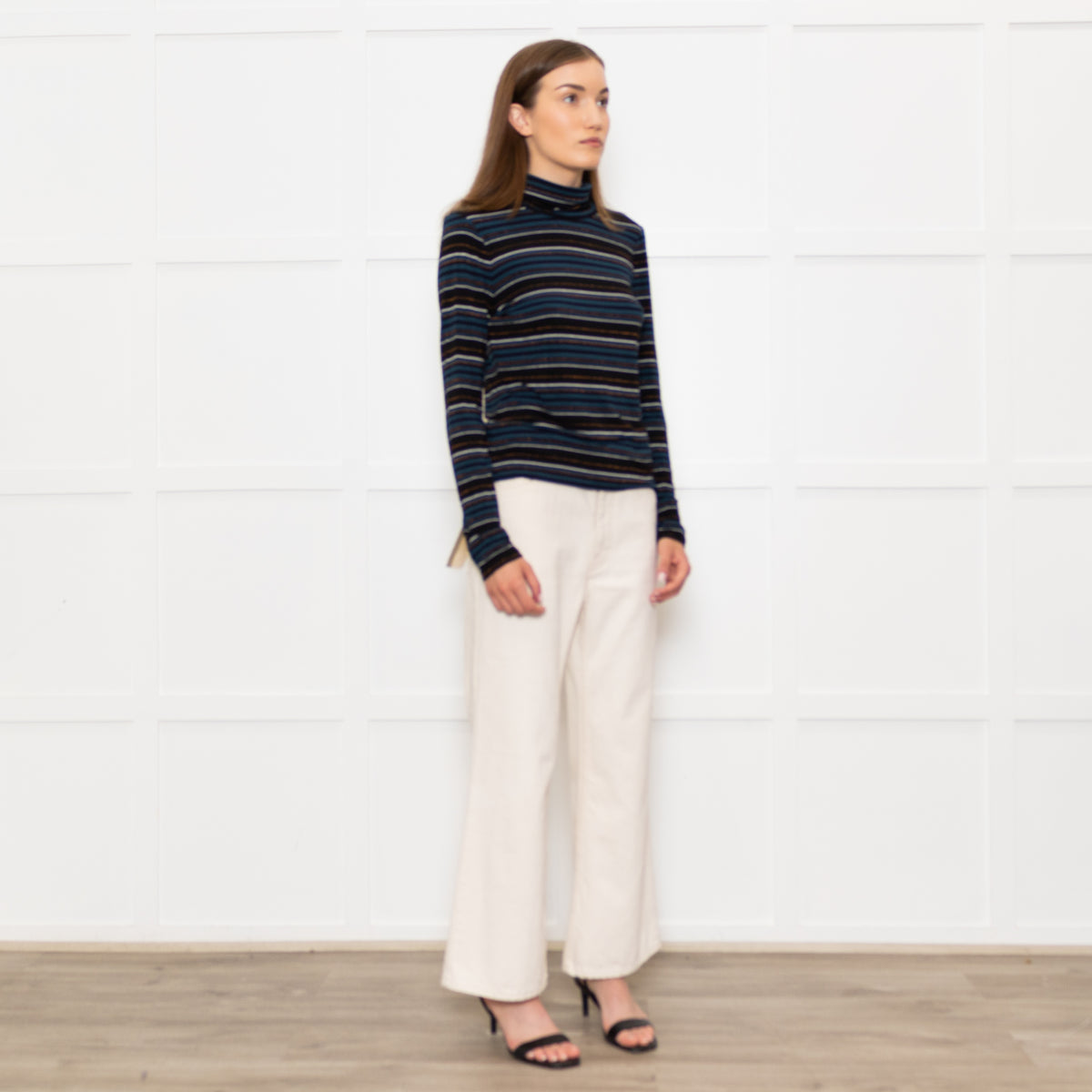 Veronica Beard Jeans Teal Black Striped Rollneck