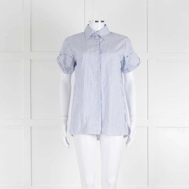 Victoria by Victoria Beckham Cotton Shirt with Blue Micro Stripes and Knot Sleeve Detail
